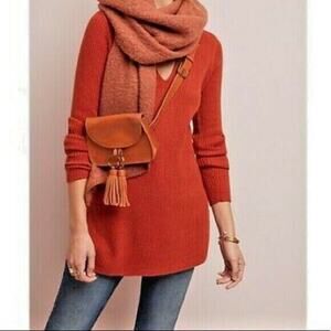 Anthropologie Womens Small ett:twa Orange Ribbed Knit Sweater V-Neck Pullover